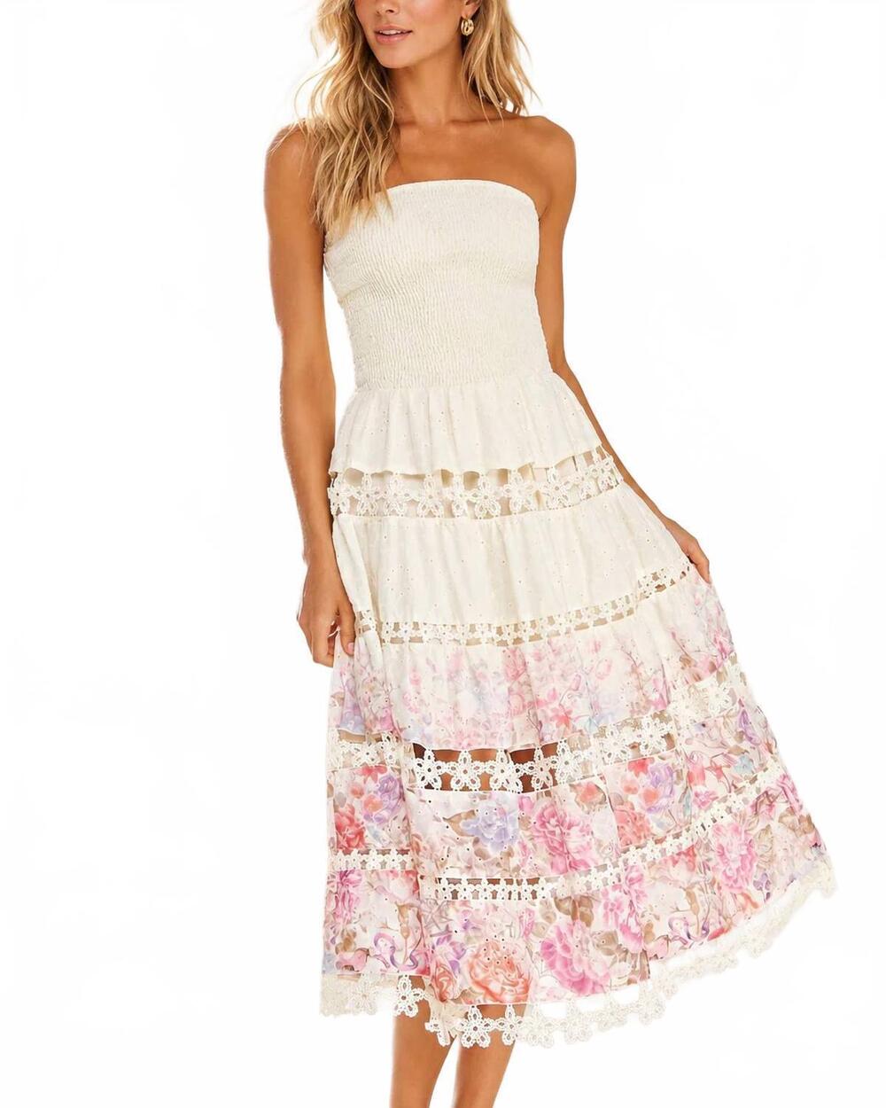NEW STRUT & BOLT blossom resort eyelet tube midi dress in cream multi